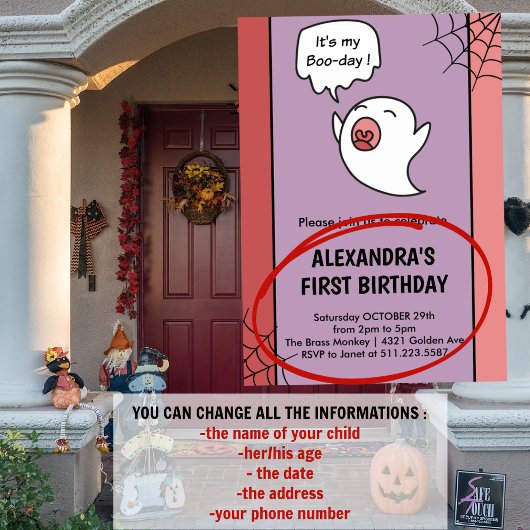 Halloween 1e verjaardag uitnodigingen spook roze