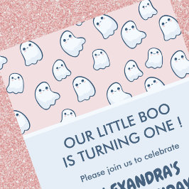 Halloween 1e verjaardagsuitnodigingen roze spook kaart