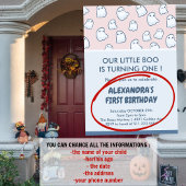 Halloween 1e verjaardagsuitnodigingen roze spookje kaart