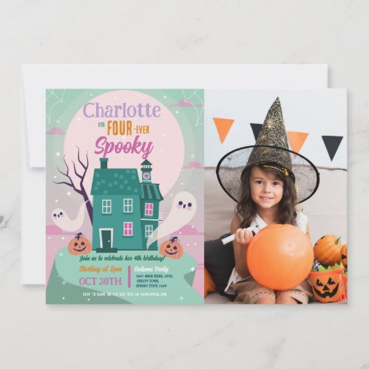 Halloween 4e feestje foto spookhuis griezelhuis kaart (Voorkant)