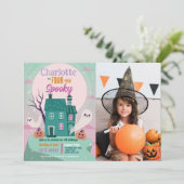 Halloween 4e feestje foto spookhuis griezelhuis kaart (Staand voorkant)
