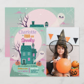 Halloween 4e feestje foto spookhuis griezelhuis kaart (Voorkant / Achterkant)