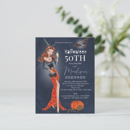 Halloween 50 th Birthday Party Invitation Briefkaa Kaart (Staand voorkant)