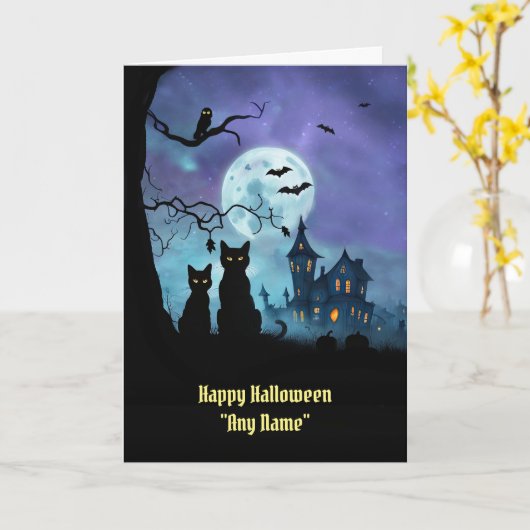 Halloween aangepaste naam met Schattigee Cats Owl Kaart (Gele Bloem)
