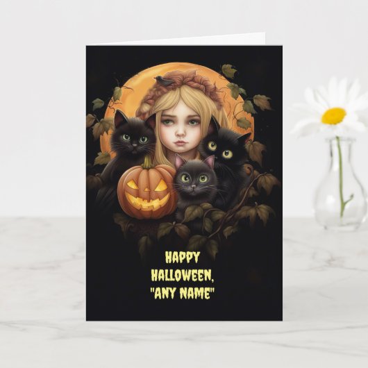 Halloween Aangepaste Naam Schattige Zwart Katten e Kaart (Kleine Plant)