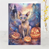 Halloween Abessijnse kat met pompoen griezelig Kaart (Gele Bloem)