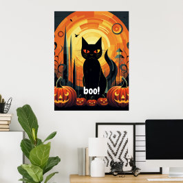 Halloween Abstract zwart kat en pompoen ontwerp Poster