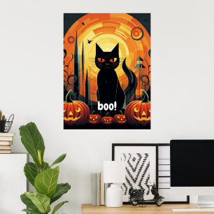 Halloween Abstract zwart kat en pompoen ontwerp Poster