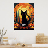 Halloween Abstract zwart kat en pompoen ontwerp Poster (Keuken)