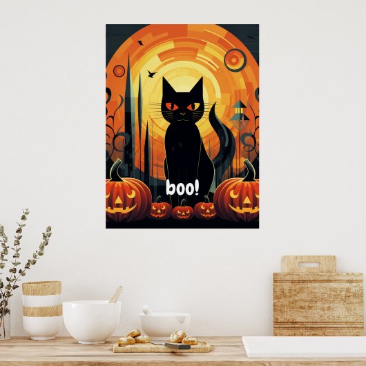 Halloween Abstract zwart kat en pompoen ontwerp Poster (Keuken)