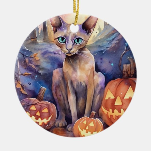Halloween Abyssinians Kat met pompoenen eng Keramisch Ornament (Voorkant)