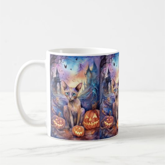 Halloween Abyssinians Kat met pompoenen eng Koffiemok (Links)