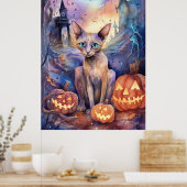 Halloween Abyssinians Kat met pompoenen eng Poster (Keuken)