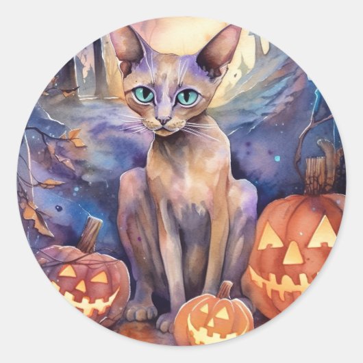 Halloween Abyssinians Kat met pompoenen eng Ronde Sticker (Voorkant)
