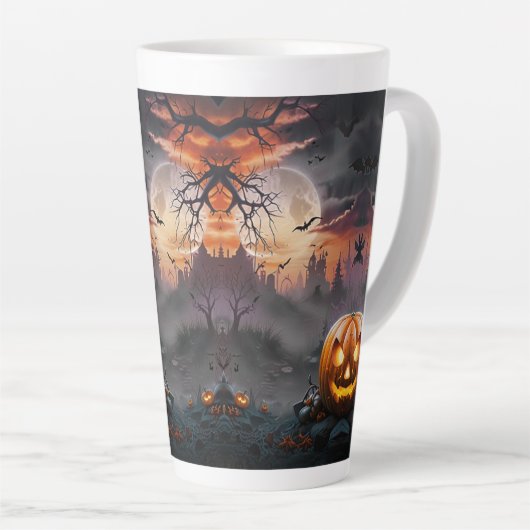 Halloween achtergrond in Oranje en grijze tinten Latte Mok (Rechterhoek)