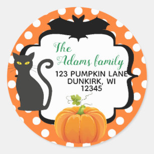 Halloween Adres Label met kattenpompoen en knuppel