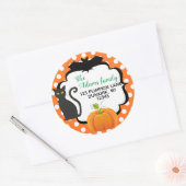 Halloween adreslabel met kattenpompoen en vleermui ronde sticker (Envelop)