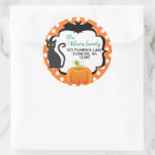 Halloween adreslabel met kattenpompoen en vleermui ronde sticker (Tas)