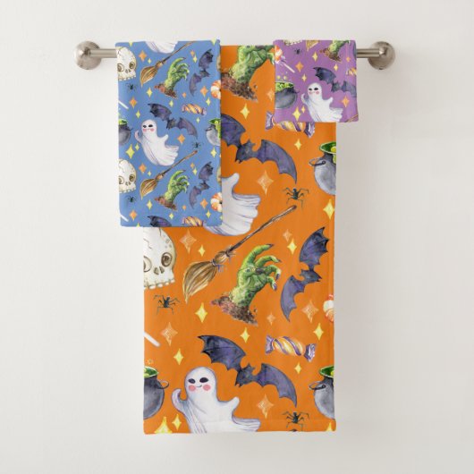 Halloween afbeelding met pompoen, spook en vleermu bad handdoek (Insitu)
