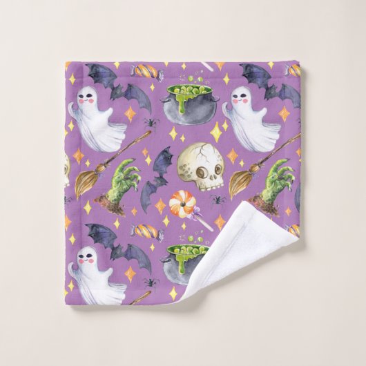 Halloween afbeelding met pompoen, spook en vleermu bad handdoek (Wasdoekje)
