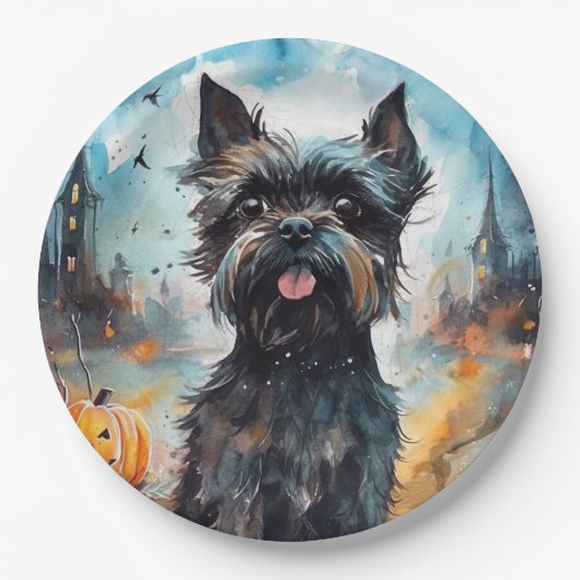 Halloween affenpinscher met pompoenen eng papieren bordje (Voorkant)
