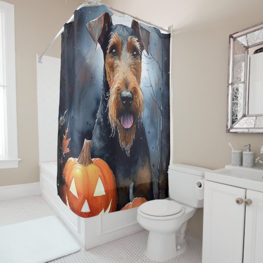 Halloween Airedale met pompoenen eng Douchegordijn (In situ)