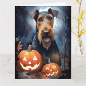 Halloween Airedale met pompoenen eng Kaart (Gele Bloem)