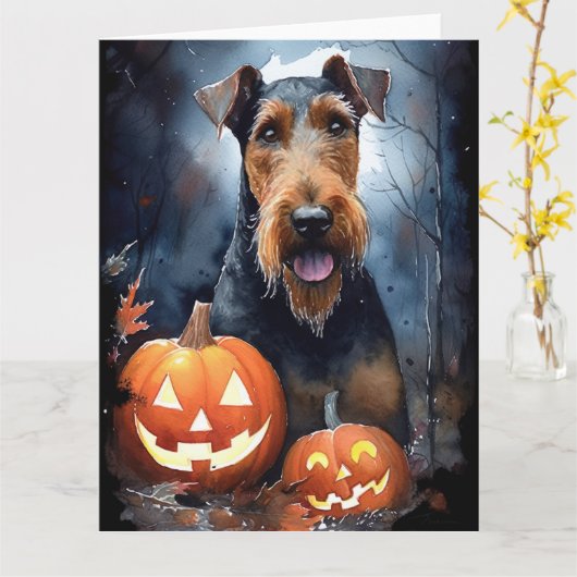 Halloween Airedale met pompoenen eng Kaart (Gele Bloem)
