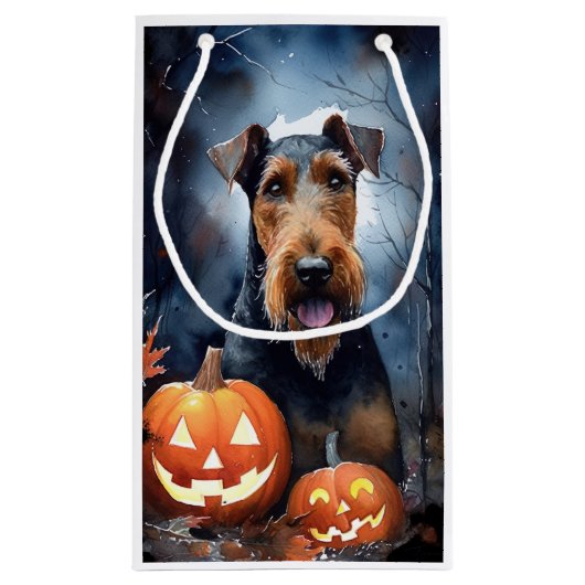 Halloween Airedale met pompoenen eng Klein Cadeauzakje (Achterkant)