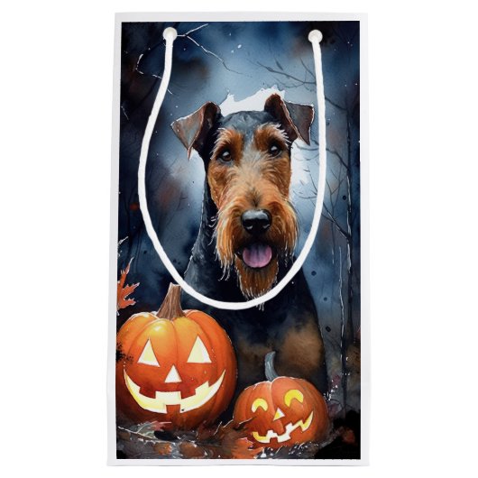 Halloween Airedale met pompoenen eng Klein Cadeauzakje (Voorkant)