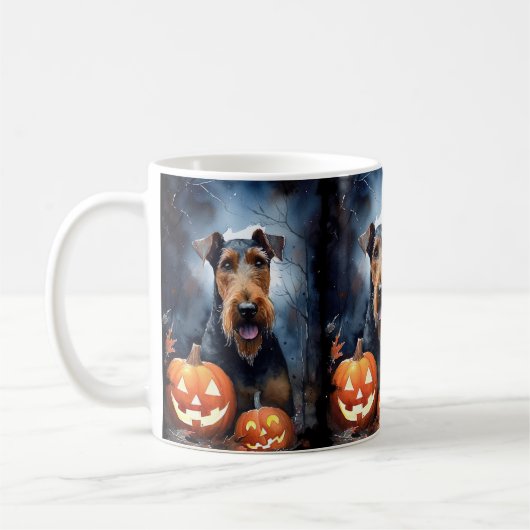Halloween Airedale met pompoenen eng Koffiemok (Links)