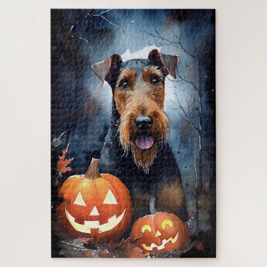 Halloween Airedale met pompoenen eng Legpuzzel (Verticaal)