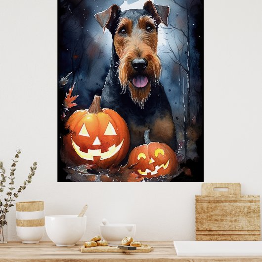 Halloween Airedale met pompoenen eng Poster (Keuken)