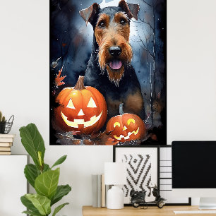 Halloween Airedale met pompoenen eng Poster