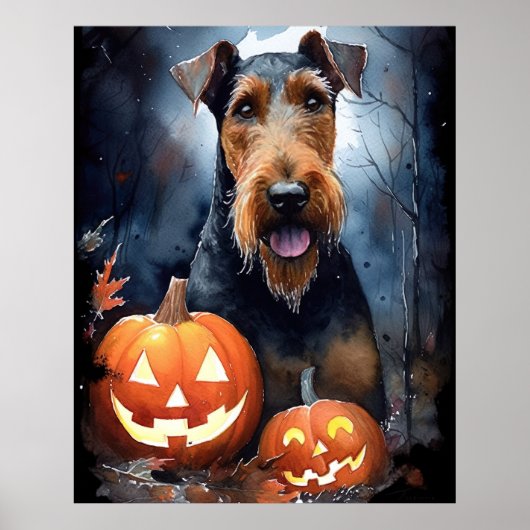 Halloween Airedale met pompoenen eng Poster (Voorkant)