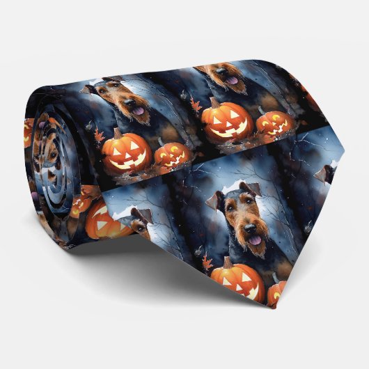 Halloween Airedale met pompoenen eng Stropdas (Opgerold)