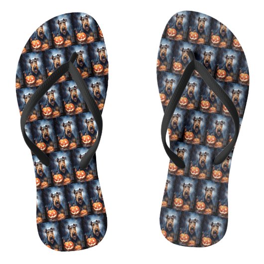 Halloween Airedale met Pompoenen Engverwekkend Teenslippers (Voetbed)