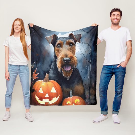 Halloween Airedale met pompoenen Fleece Deken (In situ)