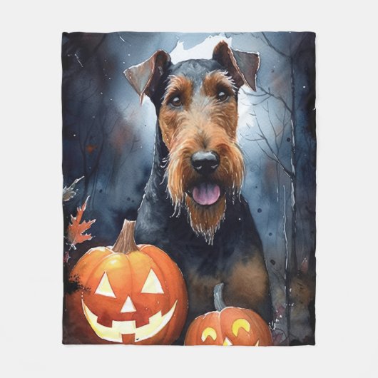 Halloween Airedale met pompoenen Fleece Deken (Voorkant)