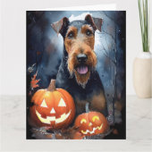 Halloween Airedale met pompoenen griezelig Kaart (Voorkant)