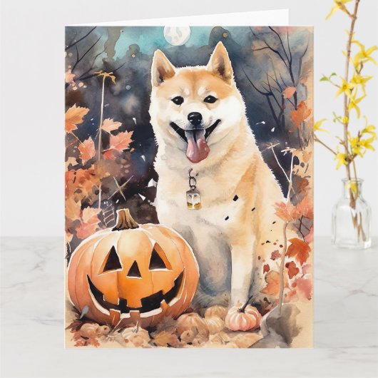 Halloween Akita met pompoenen eng Kaart (Gele Bloem)