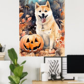 Halloween Akita met pompoenen eng Poster (Thuiskantoor)