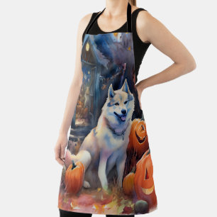 Halloween Alaskaanse Malamute Met Pompoenen Eng Schort