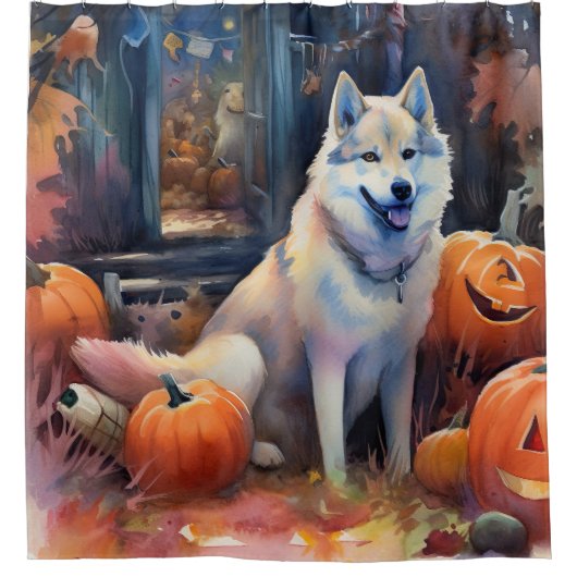 Halloween Alaskan Malamute met pompoenen Douchegordijn (Voorkant)
