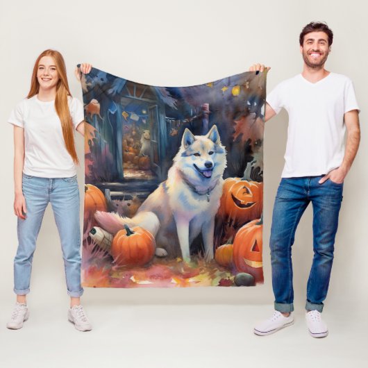 Halloween Alaskan Malamute Met Pompoenen Eng Fleece Deken (In situ)