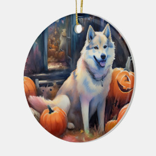 Halloween Alaskan Malamute Met Pompoenen Eng Keramisch Ornament