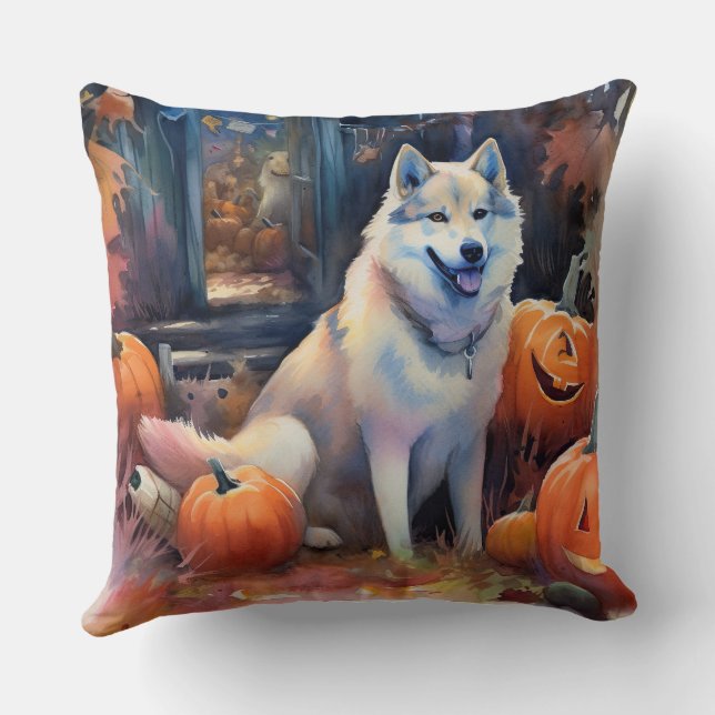 Halloween Alaskan Malamute Met Pompoenen Eng Kussen (Achterkant)
