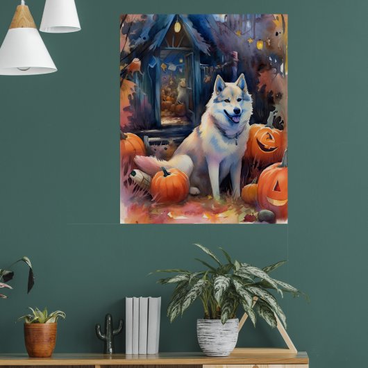 Halloween Alaskan Malamute Met Pompoenen Eng Poster (Woonkamer 1)