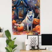 Halloween Alaskan Malamute Met Pompoenen Eng Poster (Thuiskantoor)