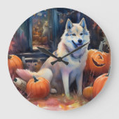 Halloween Alaskan Malamute met pompoenen Grote Klok (Voorkant)